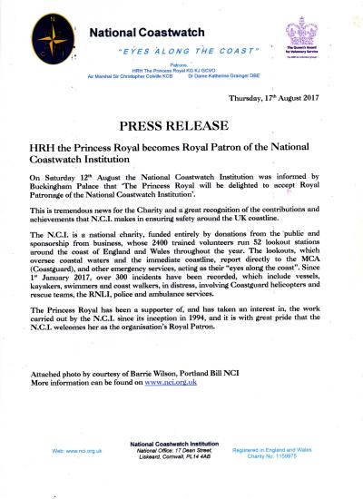 Confirmation of HRH The Princess Royal becoming NCI's Royal Patron