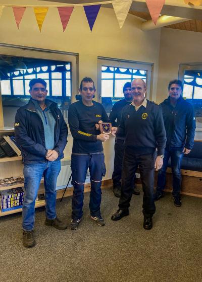 In recognition of our close working relationship over many years, Gwennap Head Station Manager Ian has great pleasure in visiting Sennen Cove Lifeboat Station and presenting Sennen Cove Coxswain Ollie George with the NCI Gwennap Head Shield